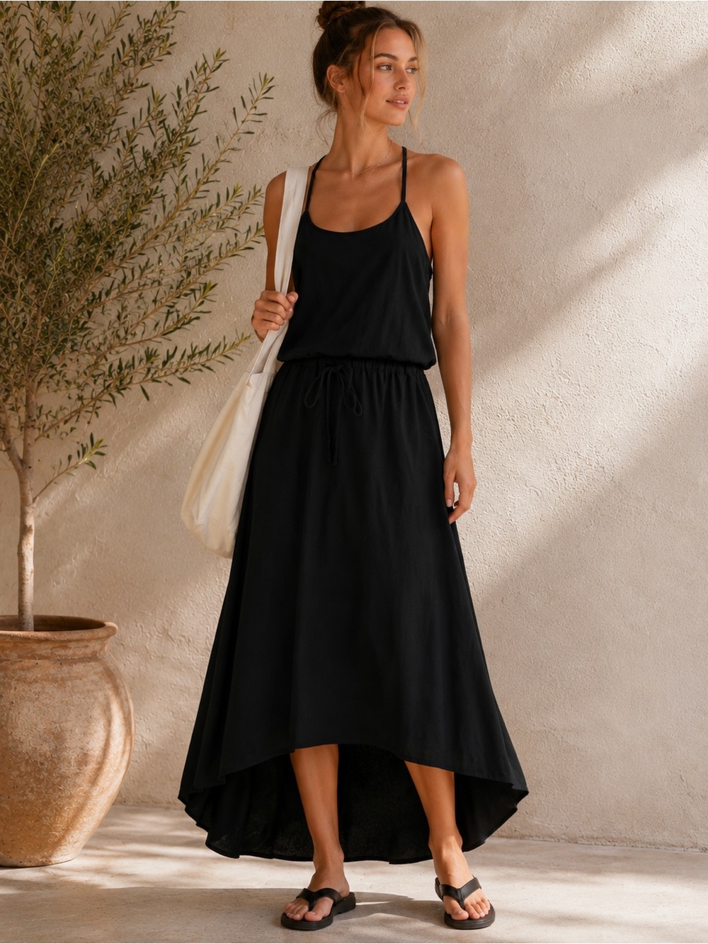 Athleta Novella Hi Low Dress Black‎ Travel Minimalist Athleisure Maxi Sz 6